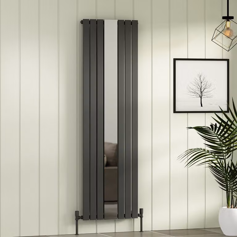Aurexa Anthracite Vertical Mirror Designer Radiator - Single Flat Panel Steel Wall Mounted