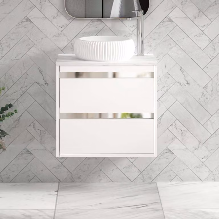 Royal Bathrooms Orion 600mm Matt White Wall Hung 2 Drawer Vanity Unit with Milan Basin and Chrome Accent Trim