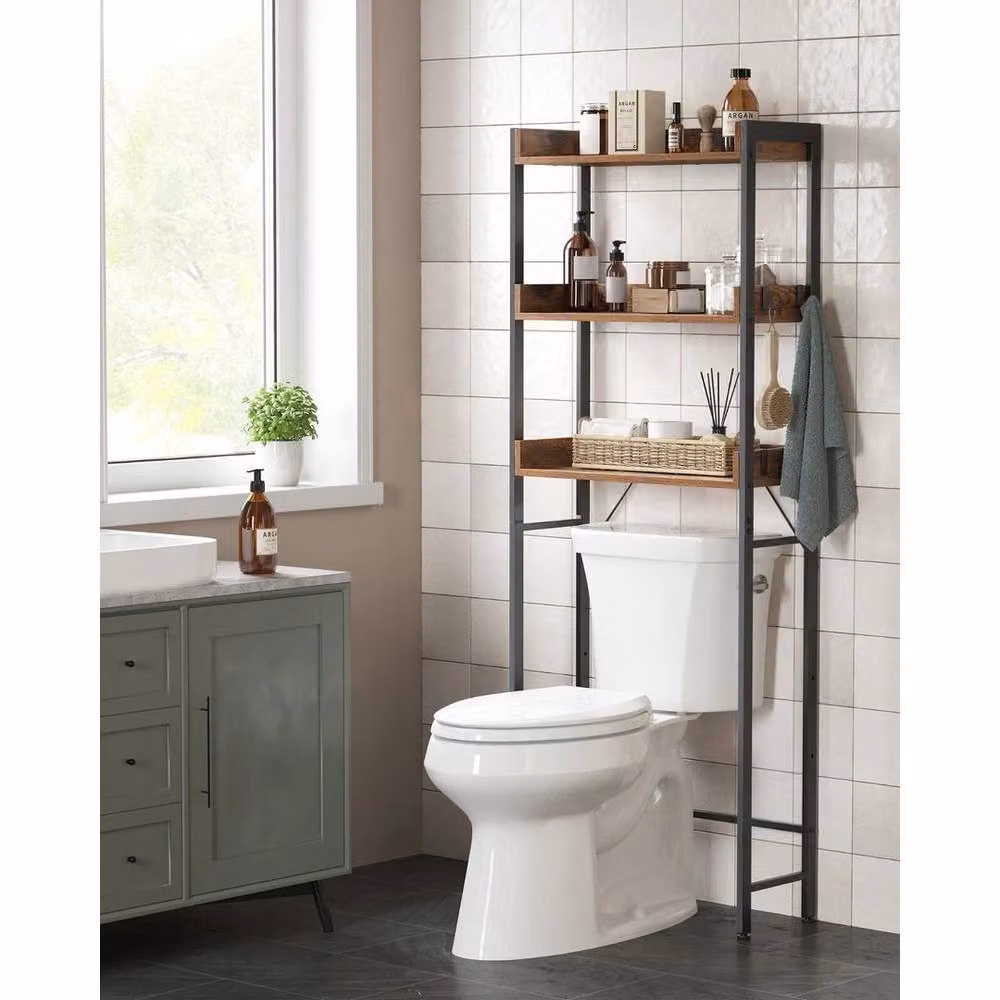 Kelvenix 3 Tier Rustic Brown and Black Wood Bathroom Shelf – 2