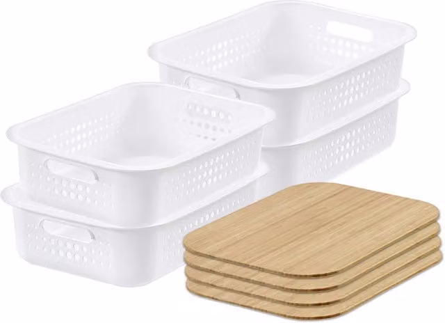 SmartStore d Stackable White Plastic Baskets with Bamboo Lids, Pack of 4
