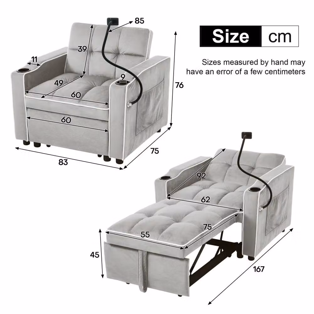 BTM 3-in-1 Expandable Single Sofa Bed with Drink and Phone Holders in Grey, W/D/H: 167 x 83 x 76 cm – 3