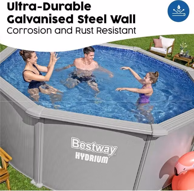 Bestway Hydrium 12ft All Year Round Rectangular Above Ground Pool Set with Galvanised Steel Wall, Pump, Filter and Ladder in Light Grey