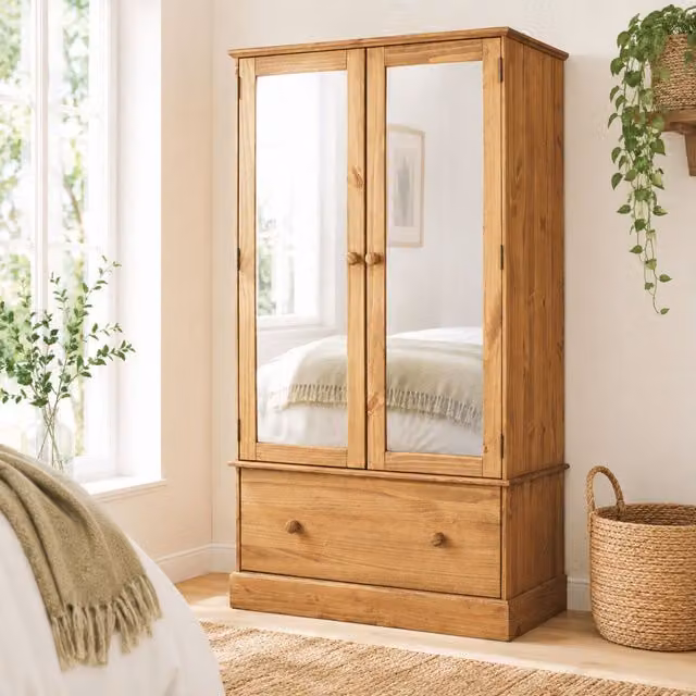 Core Products Ltd Cotswold Double Pine Wooden Wardrobe with 2 Mirrored Doors and 1 Drawer in Antique Wax Brown Finish