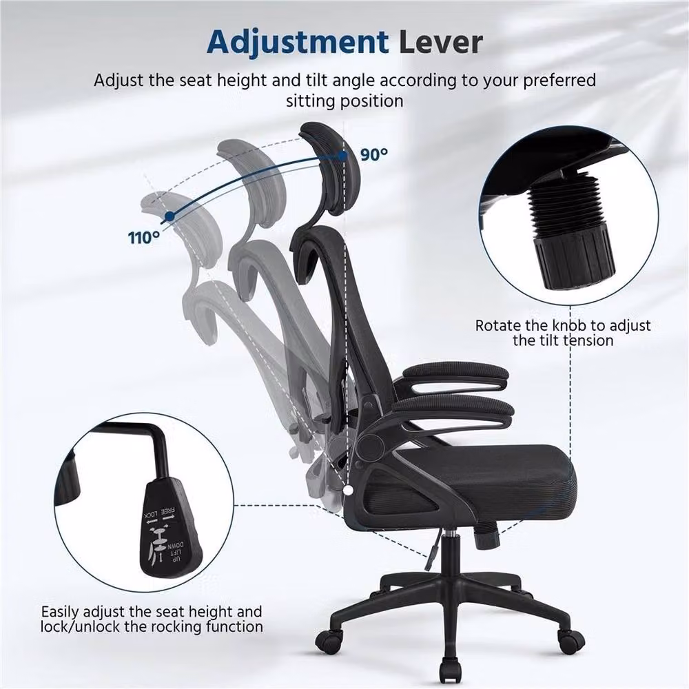 Kelvenix Black Fabric High Back Mesh Office and Gaming Chair with Headrest, Armrests and Castors – 5