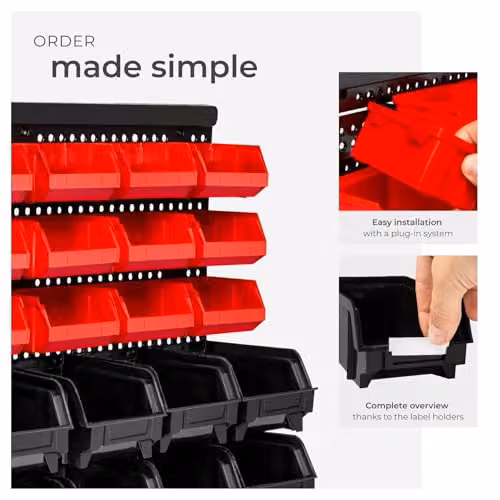 tectake 31 Piece Wall-Mounted Storage Organiser with Pegboard and 30 Stackable Plastic Bins in Black and Red – 3