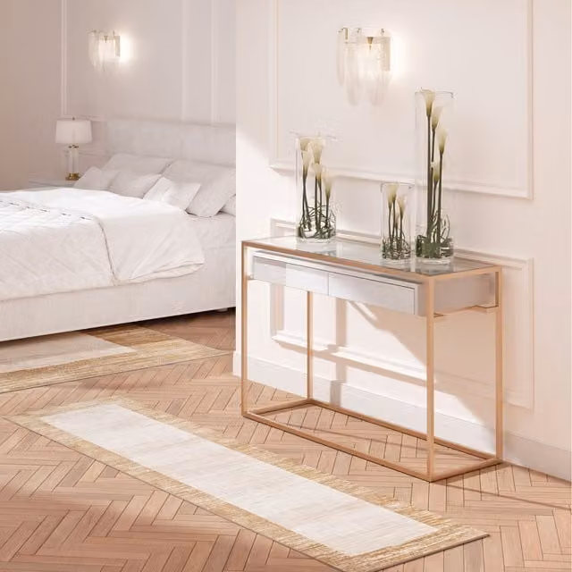The Rug House Modern Rectangular Living Area Rug with Distressed Border in Beige, W: 240 cm, D: 70 cm