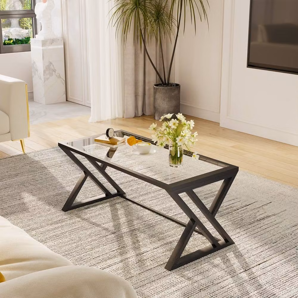 Huhote Rectangular Glass Coffee Table with Black Metal Frame in Clear and Black – 2