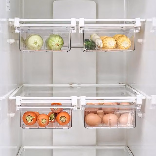 Livingandhome Sliding Drawer Food Storage Container for Refrigerator, Transparent and White Plastic