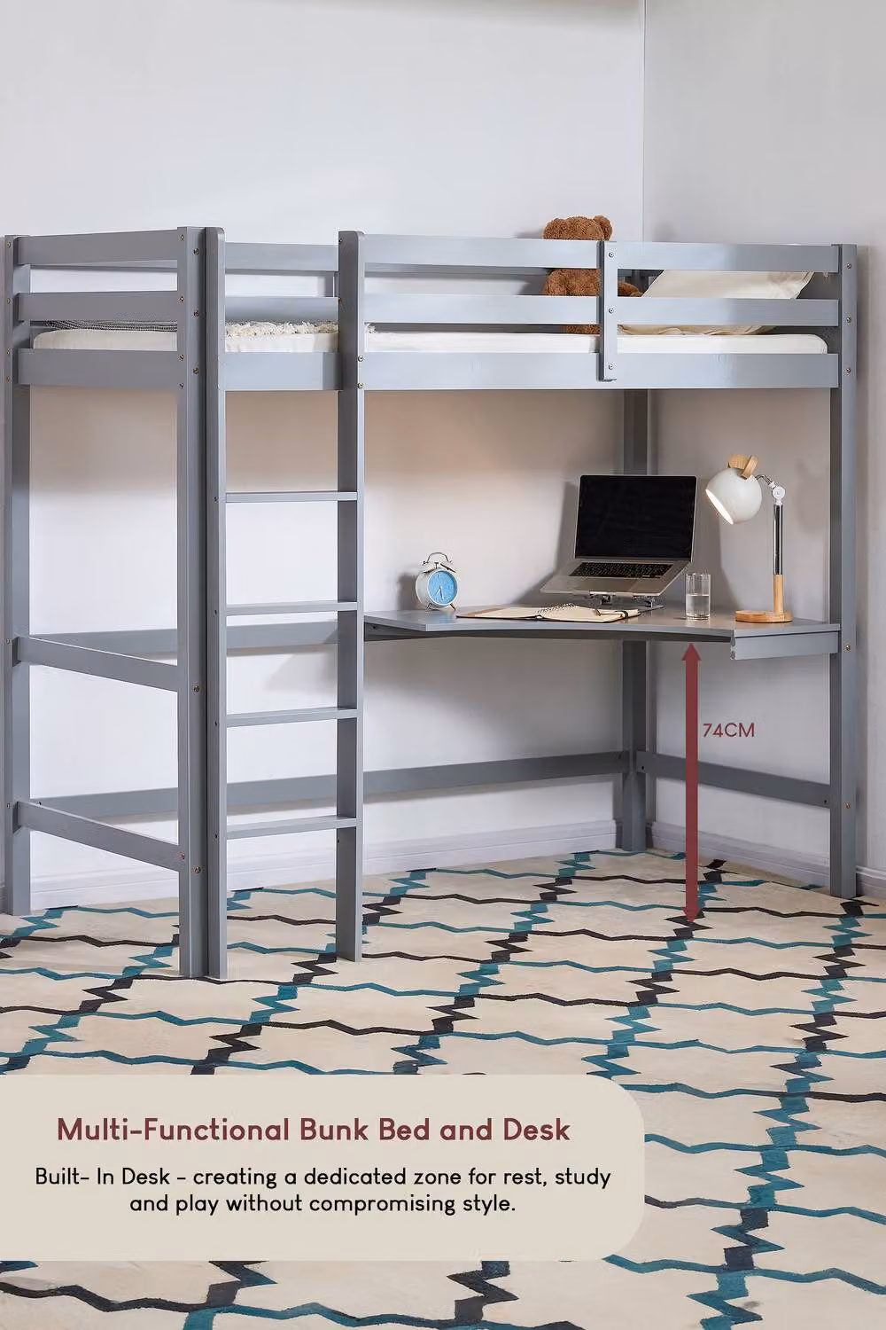 HD Designs Sydney Single Bunk Bed with Desk and Foam Mattress, Grey, W/D/H: 90 x 190 x 181.4 cm – 3
