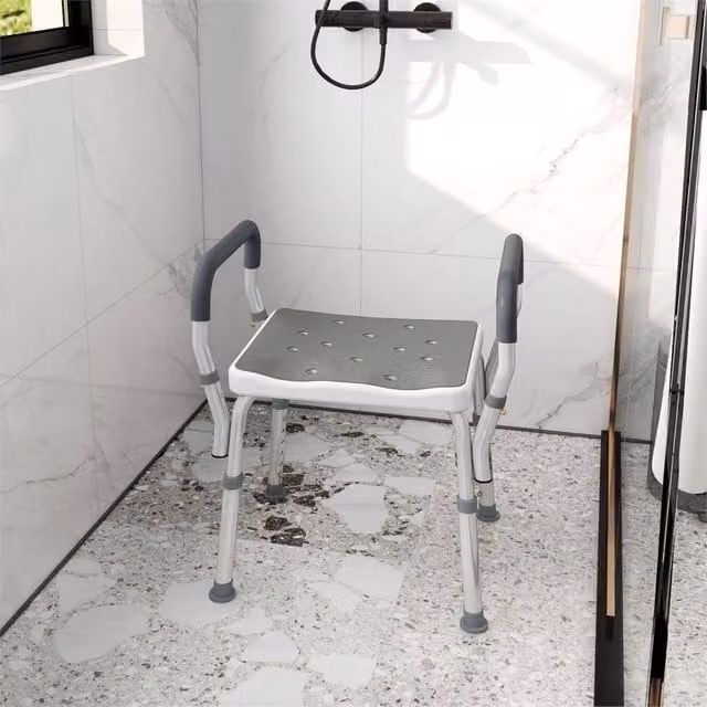 EONLION Grey Portable Bath Stool with Height Adjustable Legs and Non-Slip Metal Frame, W/D/H: 57 x 52 x 69 cm