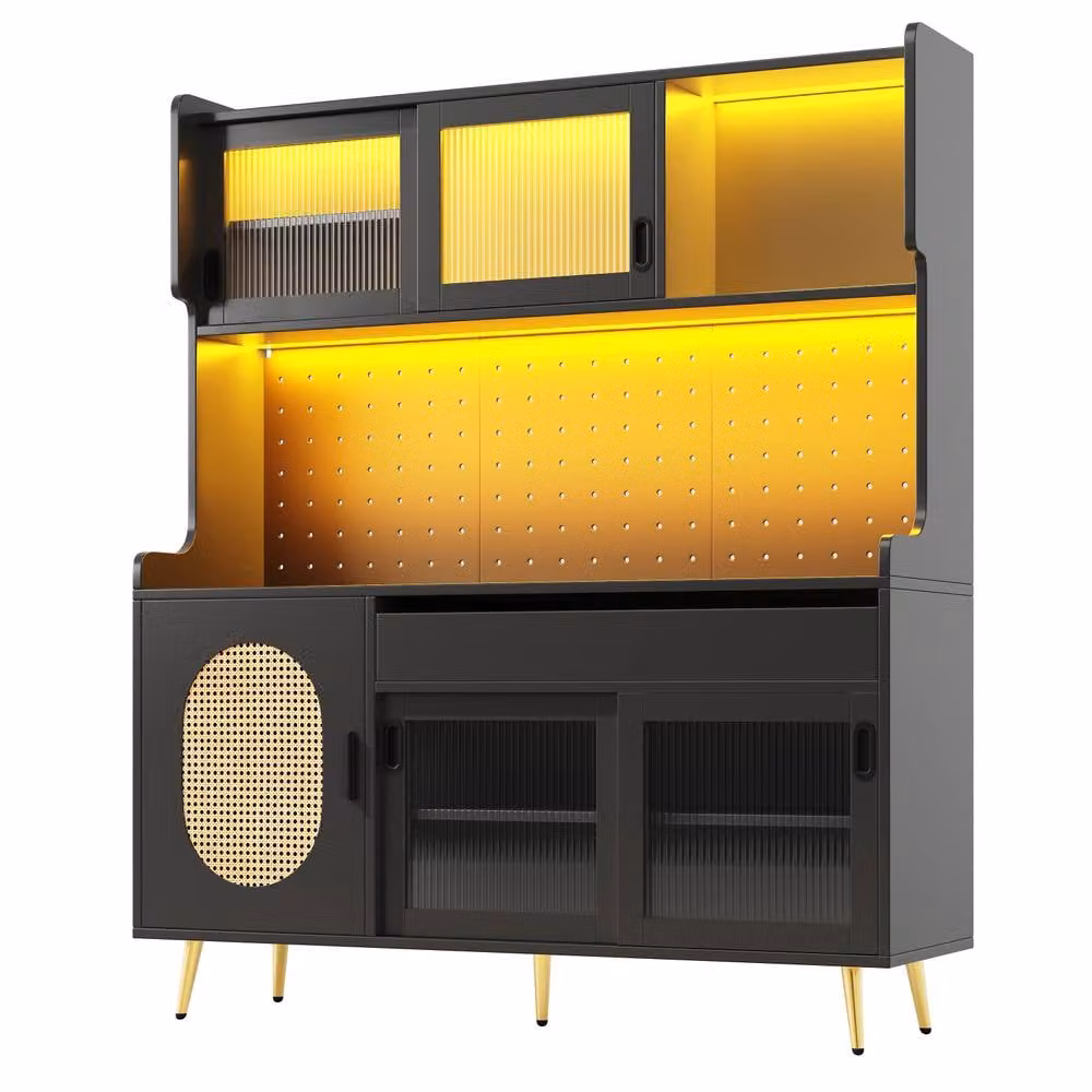 BTM Country Style Sideboard with Integrated LED Light and Fluted Glass Doors in Black and Silver, W/D/H: 171 x 39 x 63.4 cm – 7