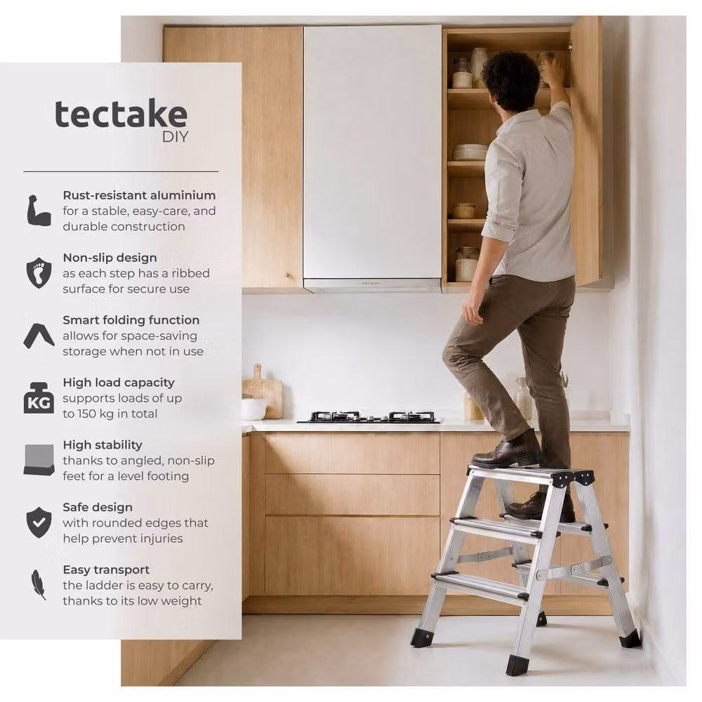 tectake Double-Sided Aluminium Step Ladder with Non-Slip Rubber Feet in Silver – 2