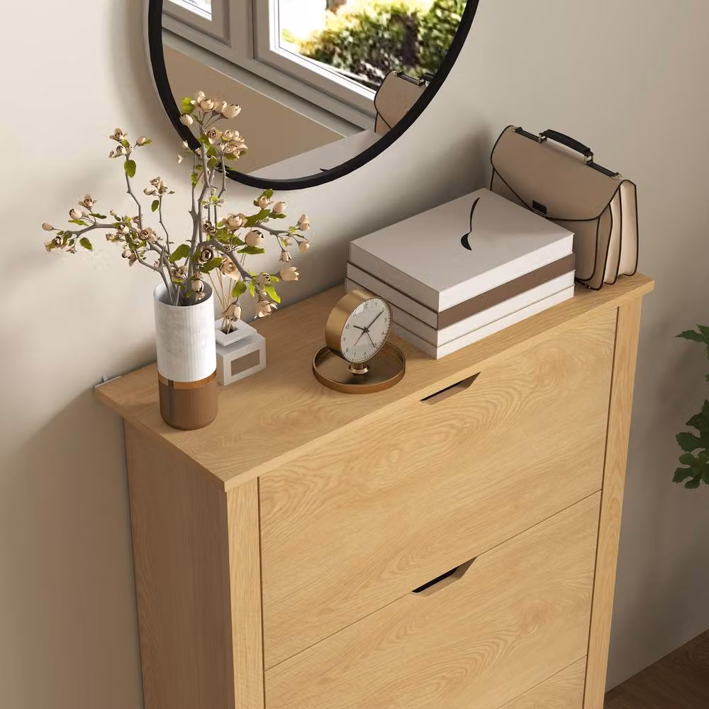 STILVORA Scandinavian Style Shoe Cabinet with Tilting Compartments and Drawers in Natural Wood, W/D/H: 112.0 x 72.0 x 30.0 cm – 4
