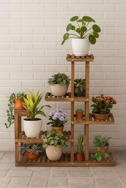 Neo 6 Tier Rustic Wooden Indoor Outdoor Plant Stand Display Rack in Brown, H: 96 cm, W: 6 cm