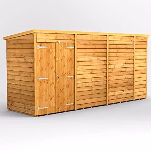 Powersheds Premium Pent Overlap Wooden Shed with Double Doors in Brown, 10 mm Extra Thick Timber, Windowless – 1