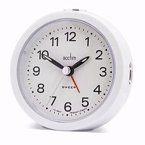 Acctim Elana Analogue Alarm Clock in White with Silent Sweep Quartz Movement and Luminous Hands