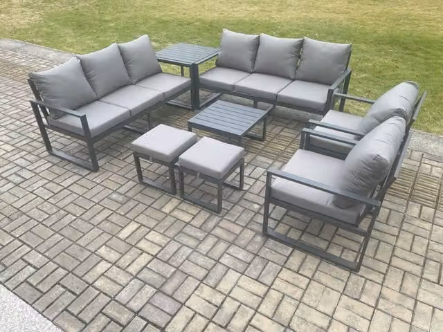 Fimous Modern Aluminium Garden Lounge Set in Dark Grey with 3-Seater Sofa, 2-Seater Sofa, Coffee Table, Armchair, Side Table and Ottomans