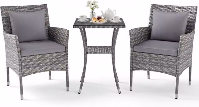Costway 3-Piece Modern Grey Wicker and Metal Patio Bistro Set