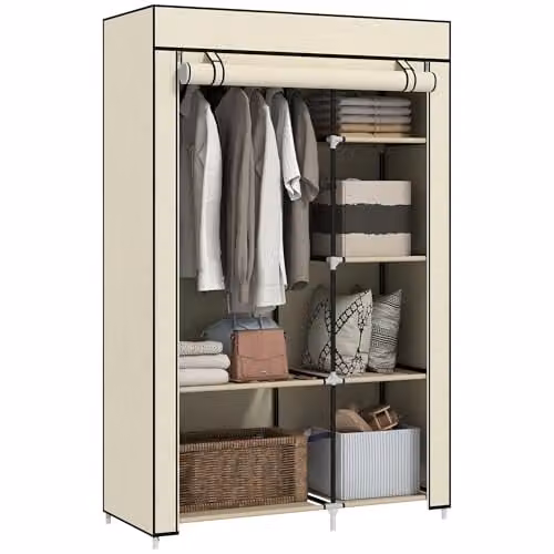 HOMCOM Fabric Wardrobe with Hanging Rail and Internal Shelves, White, W/D/H: 103 x 43 x 162.5 cm