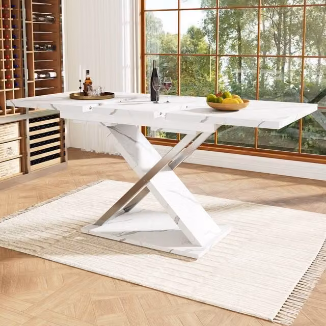 BTM Extendable Rectangular Dining Table with X-Frame Legs in White