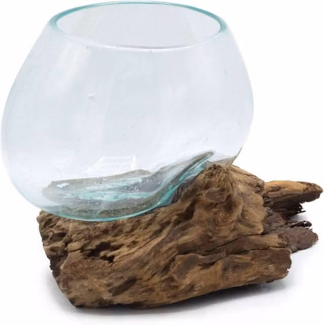 KDMK Handcrafted Recycled Molten Glass on Wood Round Tabletop Bowl Vase, Turquoise
