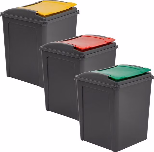 Wham Recycle It Set of 3 Flip Lid Plastic Bins, 50 Litre, Red, Grey, Green and Yellow – 8