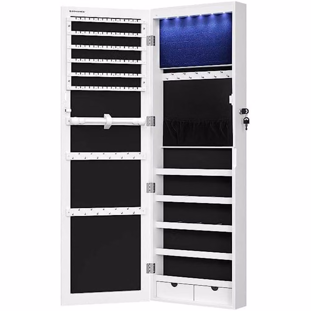 SONGMICS Lockable Wall Mounted Jewellery Cabinet with Mirror and Compartments in Black – 4