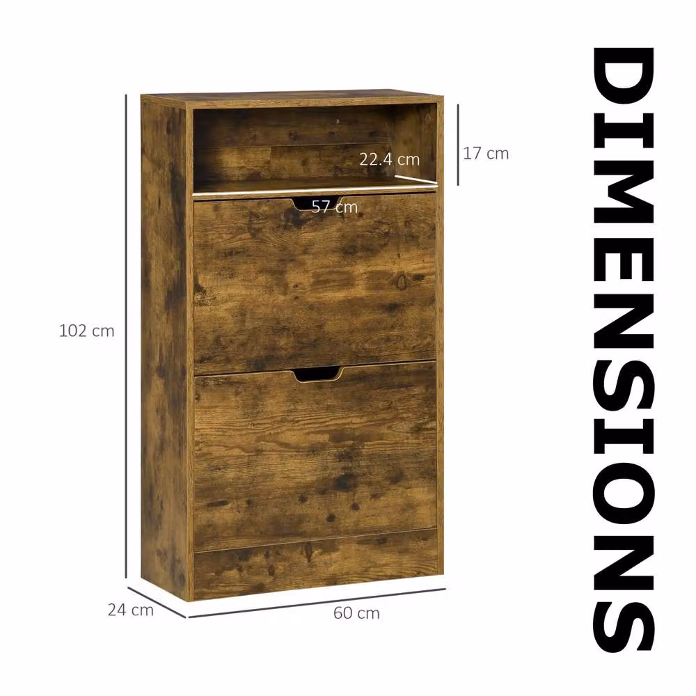 FURNOS Rustic Brown Hallway Shoe Storage Cabinet with 2 Drawers and Open Shelf, W/D/H: 60 x 24 x 102 cm – 4