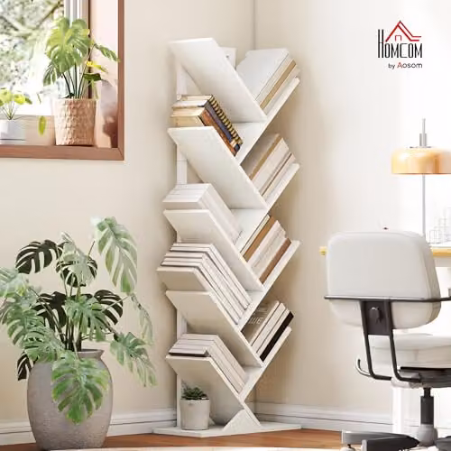HOMCOM 9-Tier Industrial Tree Bookshelf with Steel Frame, White – 2
