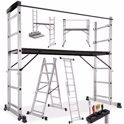 tectake Aluminium Multi-Purpose 4-in-1 Ladder in Silver with 150 kg Capacity and Rollable Rubber Feet – 1