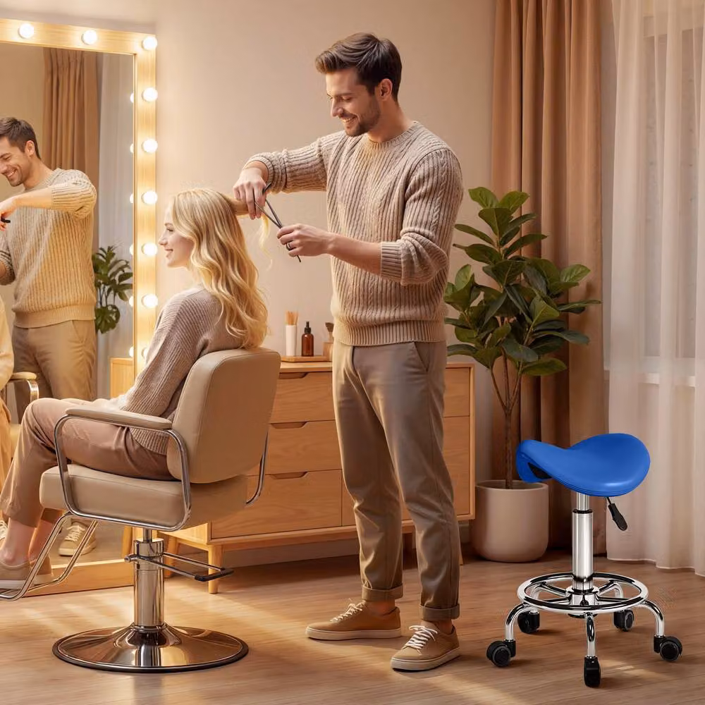 STILVORA Adjustable Height Saddle Stool with Blue PU Leather and Castors – 9
