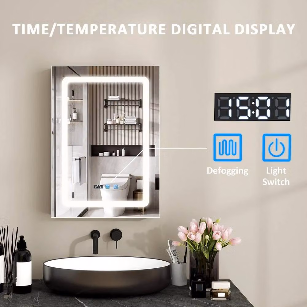 FORGEVIO Modern Silver LED Bathroom Mirror Cabinet with Shaver Socket and Glass Doors – 2