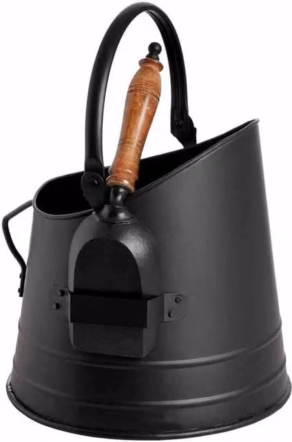 Lemon Pavilion Furniture and Decor Black Steel Coal Bucket with Teak Handle Shovel, W: 25 cm, D: 22 cm, H: 28 cm