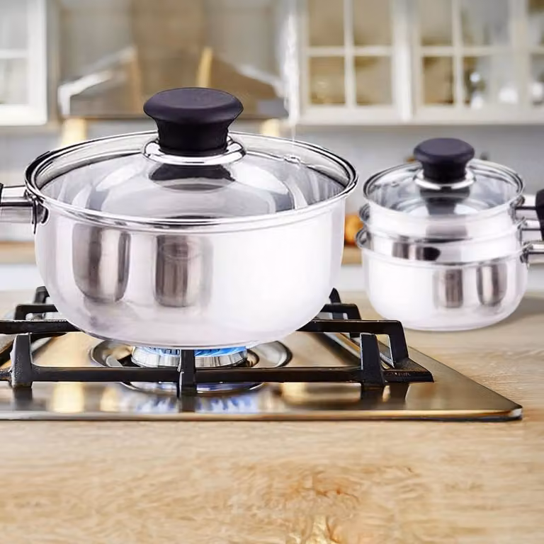 BARGAINS-GALORE Prima 3-Piece Stainless Steel Cookware Set with Saucepan, Pots and Lids in Metallic Silver