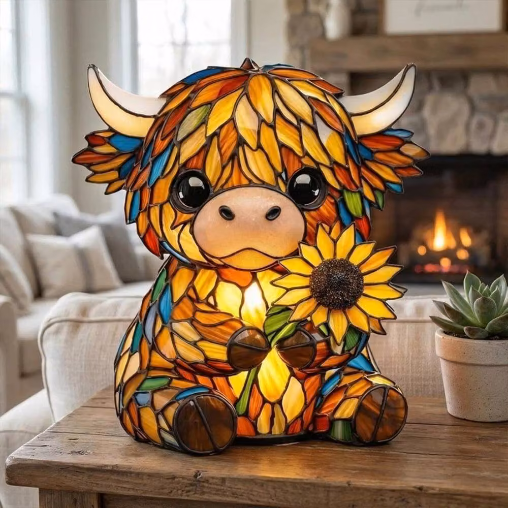 Ventryn 3D LED Highland Cow and Sunflower Night Light, Yellow and Multicolour Table Lamp – 3