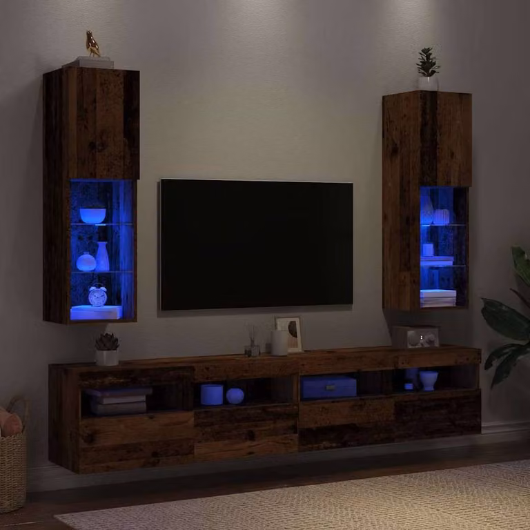 Berkfield Home Set of 2 Wall Mounted TV Cabinets with LED Lights in Brown Old Wood, W/D/H: 30.5 x 30 x 102 cm