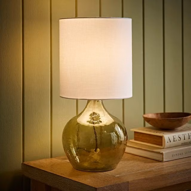 ValueLights Emily Green Glass Table Lamp with White Fabric Drum Shade and LED Bulb