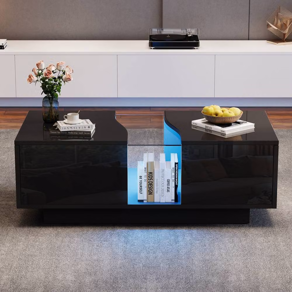 BTM High Gloss LED Coffee Table with Drawers in Black, W/D/H: 120 x 50 x 40 cm – 2
