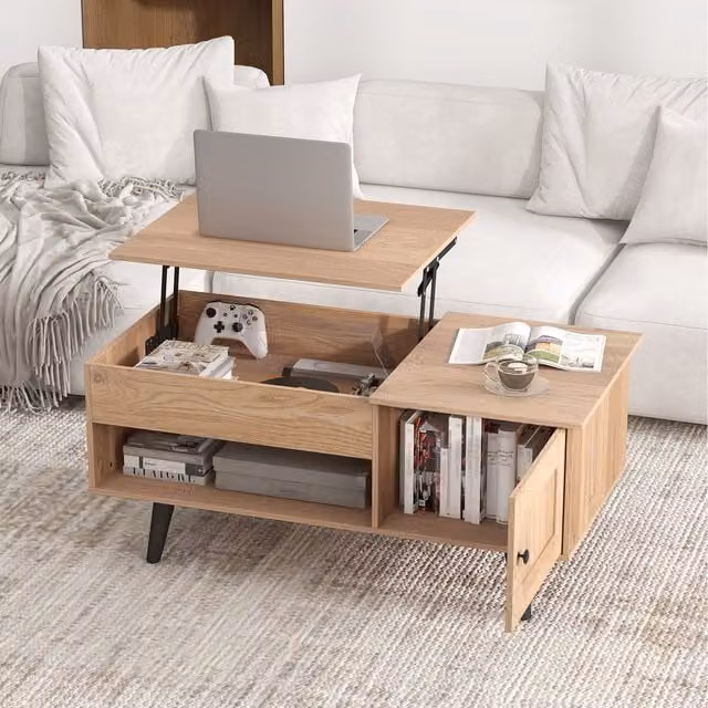 Costway Modern Rectangular Flip Top Centre Table in Brown with Reversible Board and Lift Mechanism