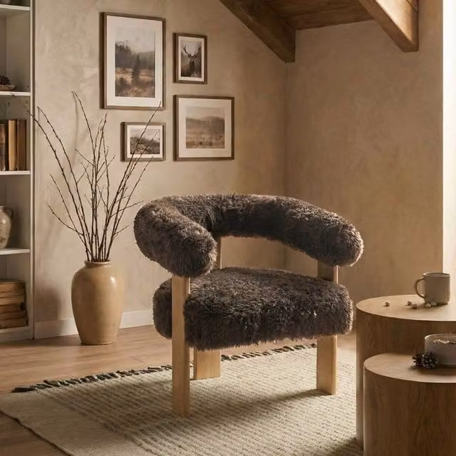 Wyld and Coco Retro Dark Brown Faux Fur Armchair with Rubberwood Legs