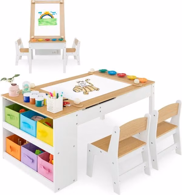 Costway 2-in-1 Kids Art Table and Chair Set with Reversible Easel Board in Scandinavian Style