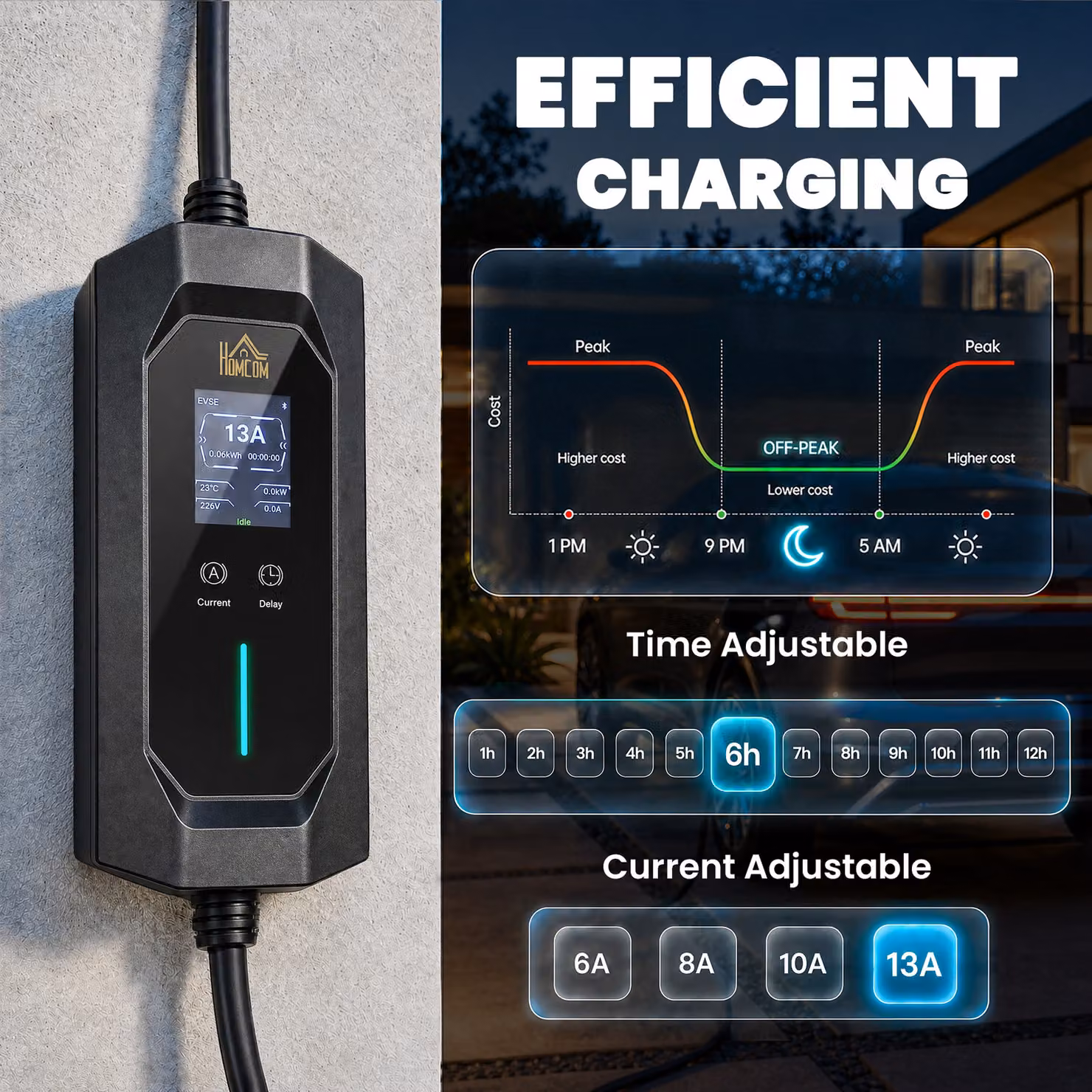 HOMCOM EV Charger Type 2 to 3 Pin Plug, 2.8 kW, 6-13 A, 10 m, Black – 4