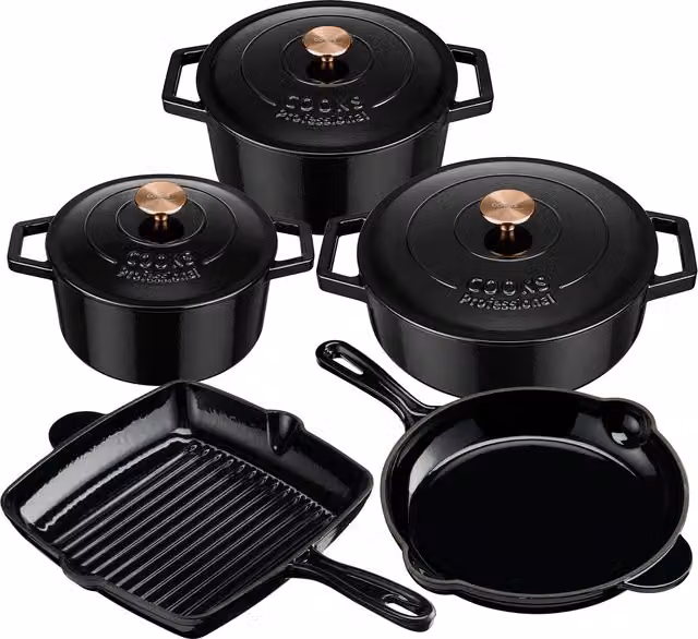 Cooks Professional 5 Piece Black Enamel Cast Iron Casserole Dish, Frying Pan and Skillet Set – 1