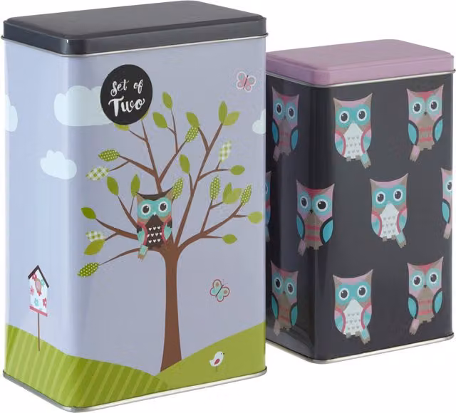 Premier Housewares Happy Owls Metal Storage Canisters, Multicolour, Set of 2 – 4