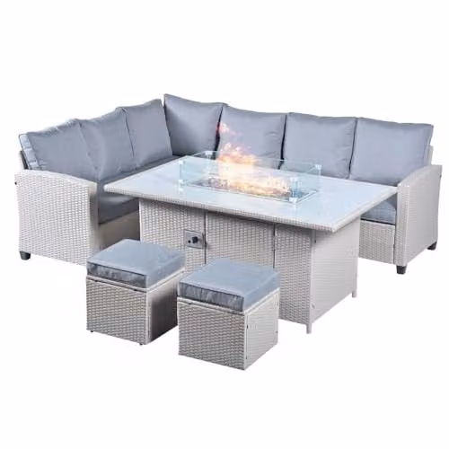 Sunnyside Modern Outdoor Fire Pit Sofa Set with 6 Seats, Table and Chairs in White and Grey Rattan