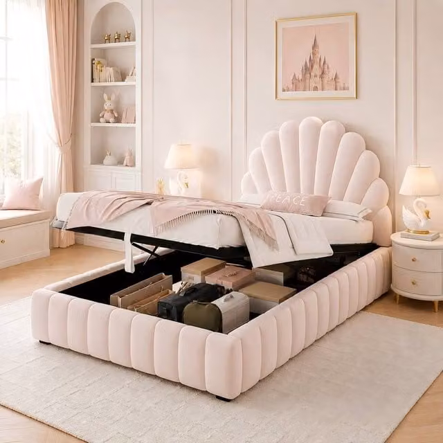 ModernLuxe Kids Single Ottoman Bed with Shell-Shaped Padded Velvet Headboard in Pink, W/D/H: 90 x 190 x 136 cm – 1