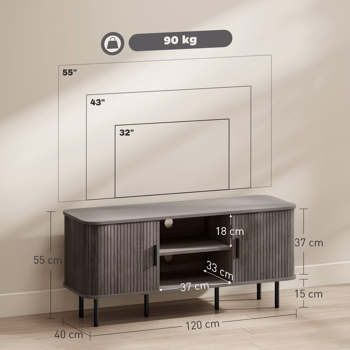 HOMCOM Grey Modern TV Stand Cabinet with Storage Shelves and Cupboard for TVs up to 55 Inches – 3