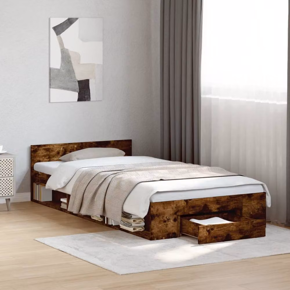 Berkfield Home Modern Bed Frame with Drawer in Smoked Oak Brown, W/D/H: 90 x 200 x 45 cm – 2