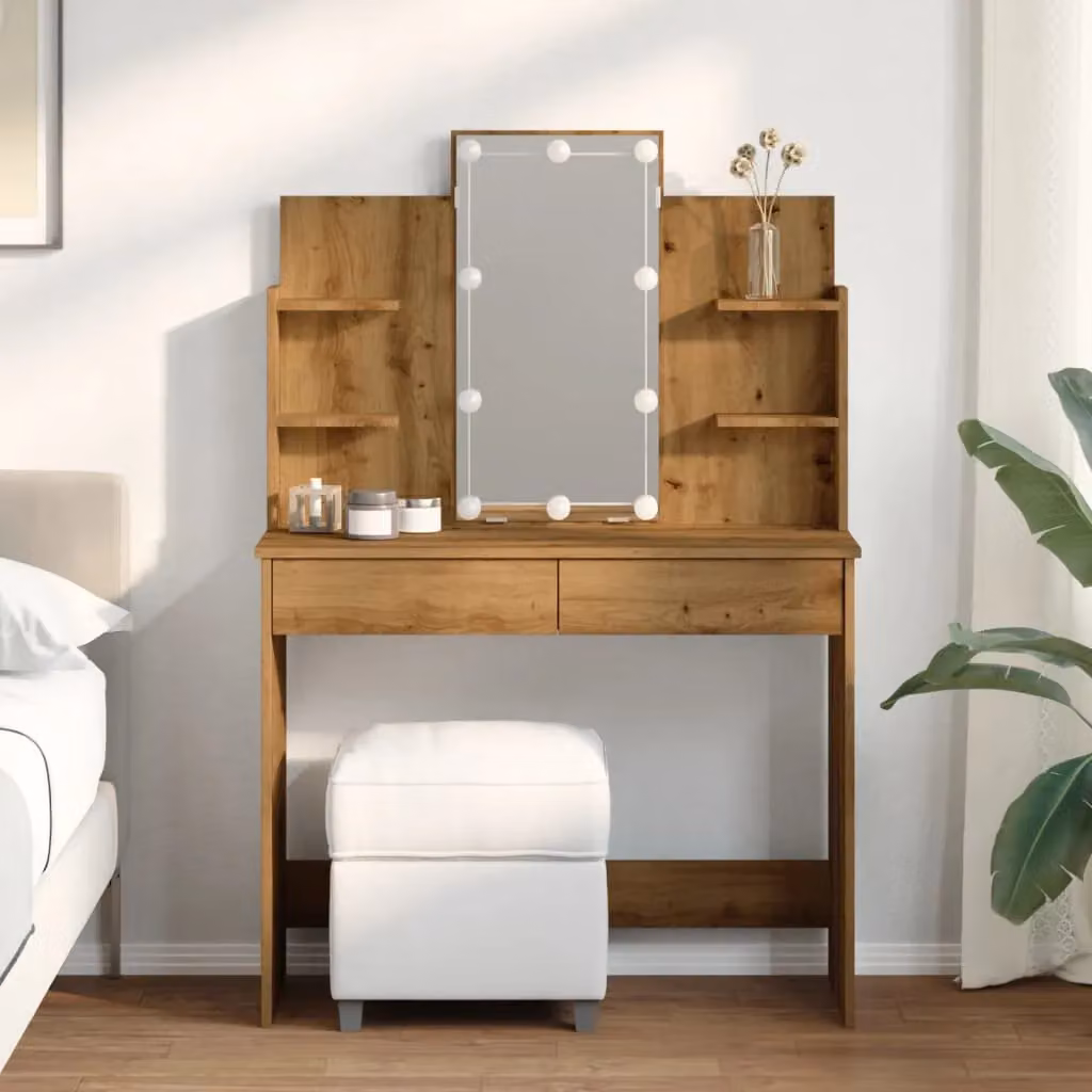 Berkfield Home Dressing Table with Hollywood LED Lights in Artisan Oak Brown, W: 96 cm, D: 40 cm, H: 142 cm – 3