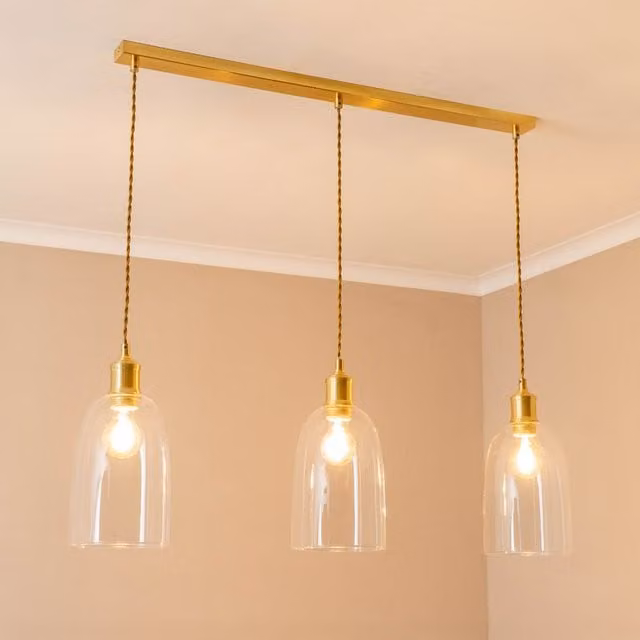 ValueLights Kira 3 Drop Bar Ceiling Pendant Light with Glass Domes and LED Bulbs, Gold/Brass